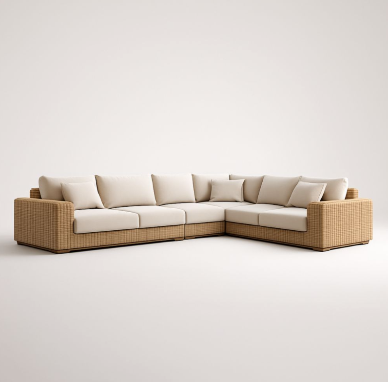 Divano angolare modulare in rattan sintetico crema e marrone