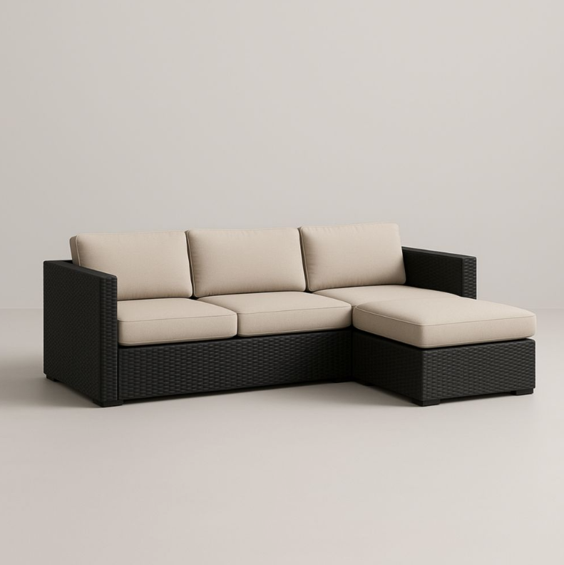 Divano angolare in rattan sintetico con cuscini in poliestere crema