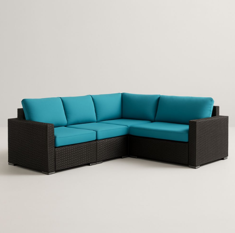 Divano angolare da giardino in rattan con cuscini turchesi