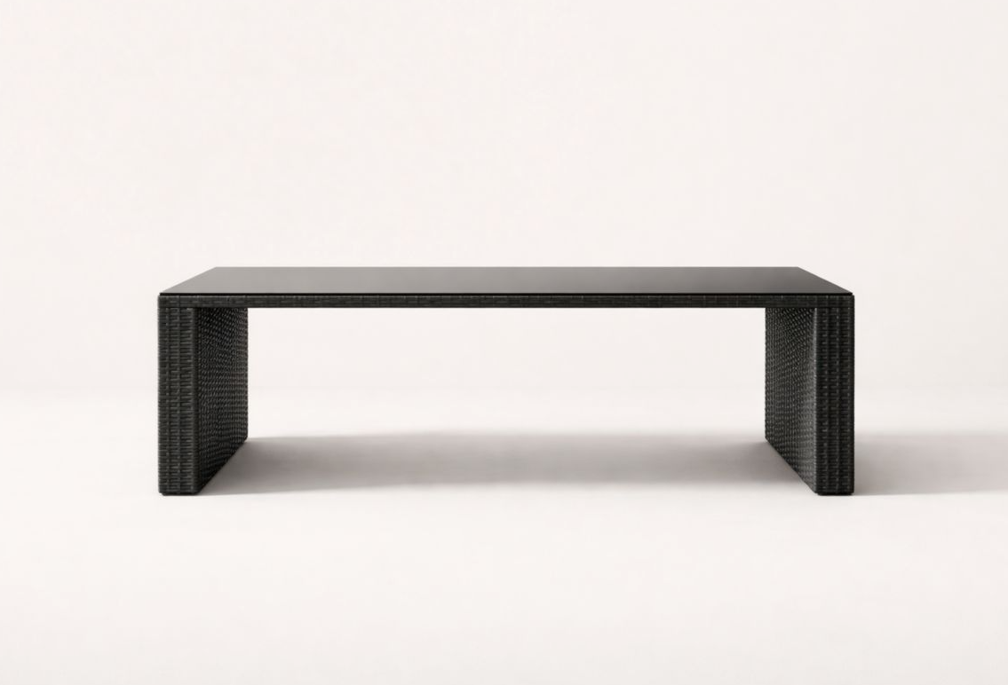 Tavolino Rettangolare in Rattan con Piano in Vetro Temperato Nero